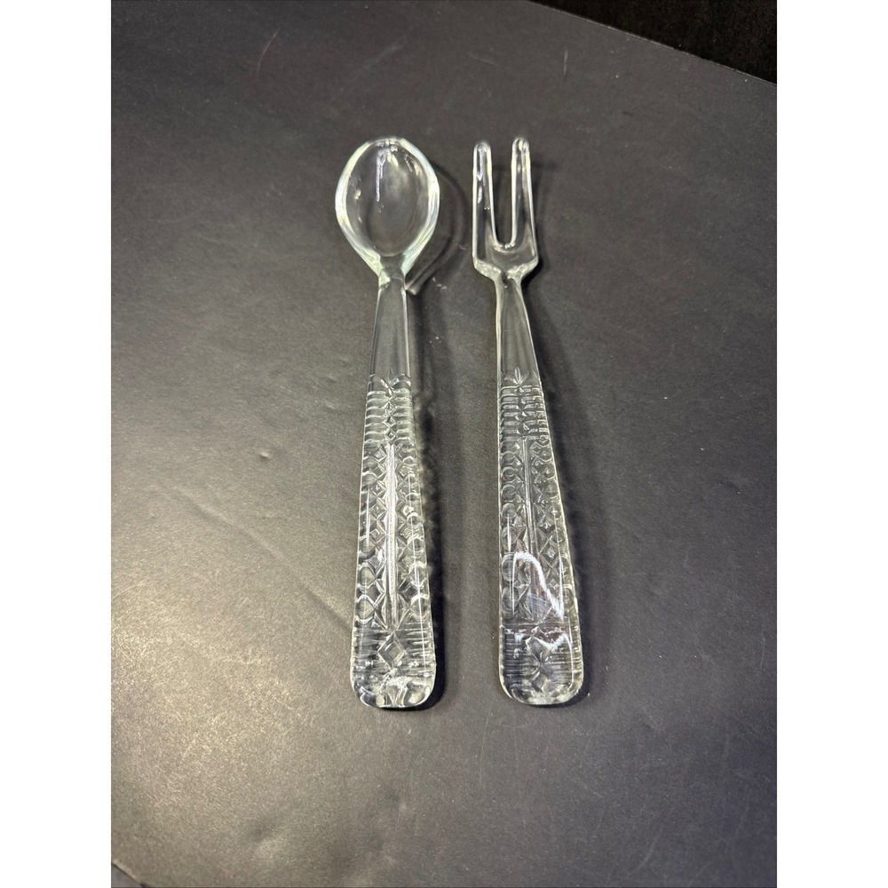 Anchor Hocking VTG Clear Pressed Glass Condiment Serving Set Spoon and Fork 1950